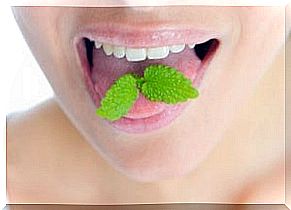 Woman with a leaf in her mouth against bad breath