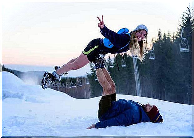 Man and woman in blue clothes